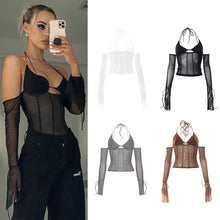 Load image into Gallery viewer, Low Cut Sexy Black Halterneck Lace-up Women Open-back Mesh See-through Tops For Club Party Date Transparent Long Sleeve T Shirt

