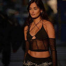 Load image into Gallery viewer, Low Cut Sexy Black Halterneck Lace-up Women Open-back Mesh See-through Tops For Club Party Date Transparent Long Sleeve T Shirt
