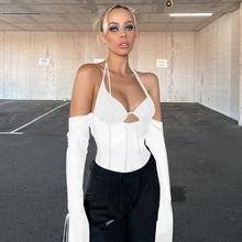 Load image into Gallery viewer, Low Cut Sexy Black Halterneck Lace-up Women Open-back Mesh See-through Tops For Club Party Date Transparent Long Sleeve T Shirt
