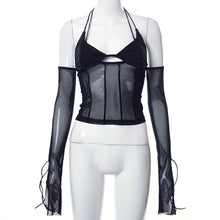 Load image into Gallery viewer, Low Cut Sexy Black Halterneck Lace-up Women Open-back Mesh See-through Tops For Club Party Date Transparent Long Sleeve T Shirt
