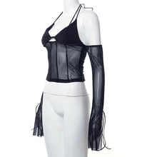 Load image into Gallery viewer, Low Cut Sexy Black Halterneck Lace-up Women Open-back Mesh See-through Tops For Club Party Date Transparent Long Sleeve T Shirt
