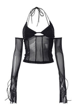 Load image into Gallery viewer, Low Cut Sexy Black Halterneck Lace-up Women Open-back Mesh See-through Tops For Club Party Date Transparent Long Sleeve T Shirt
