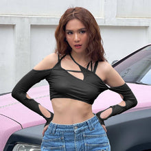 Load image into Gallery viewer, Lace-up Sling Halter Neck Hollow Design Wrap Long Sleeve Backless T-shirt Summer Sexy Slim Versatile Party Date Club Crop Tops

