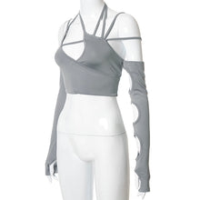 Load image into Gallery viewer, Lace-up Sling Halter Neck Hollow Design Wrap Long Sleeve Backless T-shirt Summer Sexy Slim Versatile Party Date Club Crop Tops
