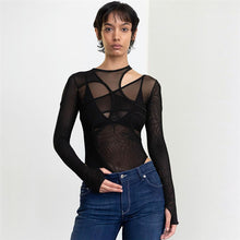 Load image into Gallery viewer, Cool Babes Summer Round Neck Mesh See-through Translucent Cross Bodysuit Women Sexy Two-piece Wrap Long Sleeve Slim-fit T-shirt
