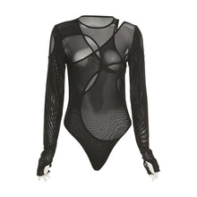 Load image into Gallery viewer, Cool Babes Summer Round Neck Mesh See-through Translucent Cross Bodysuit Women Sexy Two-piece Wrap Long Sleeve Slim-fit T-shirt
