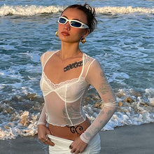 Load image into Gallery viewer, Mesh See-through Elegant Lace Stitching Tops Summer Slightly Transparent Women Long Sleeve T-shirt Low Cut Crop Tops
