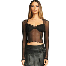 Load image into Gallery viewer, Mesh See-through Elegant Lace Stitching Tops Summer Slightly Transparent Women Long Sleeve T-shirt Low Cut Crop Tops
