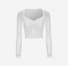 Load image into Gallery viewer, Mesh See-through Elegant Lace Stitching Tops Summer Slightly Transparent Women Long Sleeve T-shirt Low Cut Crop Tops
