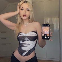 Load image into Gallery viewer, Black White Printing Sleeveless Off Shoulder Irregular V-neck Tube Tops Sexy Summer Club Party Date Slim Fit Vest T-shirt
