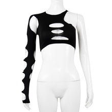 Load image into Gallery viewer, Outer Wear Sexy One-shoulder Long Sleeve Cutout Ripped T-shirt Round Neck Hollow Slim Fit Tube Top Women Cropped Tops
