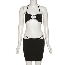 Load image into Gallery viewer, Summer Beach Bikini Outfit Sexy Low-cut Halterneck Solid Color Hollow-out Slim Fit Strappy Wrap Hip Skirt + Tops Suit Two-piece
