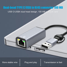 Load image into Gallery viewer, Double Head Type C/usb To Rj45 Typec Mobile Computer To Network Port Rj45 Ethernet Converter 100M
