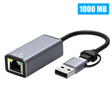 Load image into Gallery viewer, Double Head Type C/usb To Rj45 Typec Mobile Computer To Network Port Rj45 Ethernet Converter 1000M
