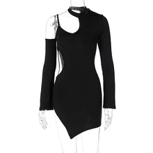 Load image into Gallery viewer, Long Sleeve Sexy Waist Side Hollow Solid Color Unilateral Suspender Dress Cutout Round Neck Short Dress
