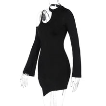 Load image into Gallery viewer, Long Sleeve Sexy Waist Side Hollow Solid Color Unilateral Suspender Dress Cutout Round Neck Short Dress
