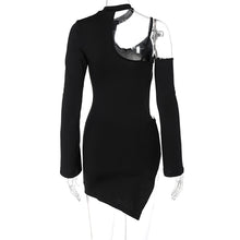 Load image into Gallery viewer, Long Sleeve Sexy Waist Side Hollow Solid Color Unilateral Suspender Dress Cutout Round Neck Short Dress
