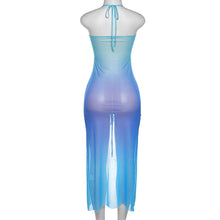 Load image into Gallery viewer, Summer New Ins Style Women Halterneck One-piece Gradient Color Sexy Low-cut Hollowed-out Slim Fit See-through Long Dress
