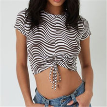 Load image into Gallery viewer, Striped Print Short Sleeve T-shirt Round Neck Tie-up Crop Tops Sexy Slim Girls Fashion Shirts
