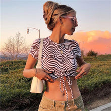 Load image into Gallery viewer, Striped Print Short Sleeve T-shirt Round Neck Tie-up Crop Tops Sexy Slim Girls Fashion Shirts
