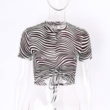 Load image into Gallery viewer, Striped Print Short Sleeve T-shirt Round Neck Tie-up Crop Tops Sexy Slim Girls Fashion Shirts
