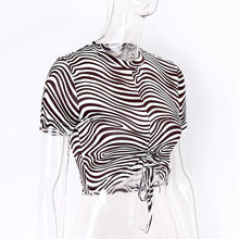 Load image into Gallery viewer, Striped Print Short Sleeve T-shirt Round Neck Tie-up Crop Tops Sexy Slim Girls Fashion Shirts
