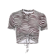 Load image into Gallery viewer, Striped Print Short Sleeve T-shirt Round Neck Tie-up Crop Tops Sexy Slim Girls Fashion Shirts
