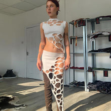 Load image into Gallery viewer, Solid Color Two-piece Sleeveless Ripped Tops + Hollow Skirt Set Round Neck Sexy Fashion Navel Top Slim-fitting Suit
