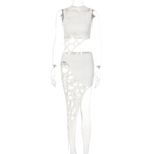 Load image into Gallery viewer, Solid Color Two-piece Sleeveless Ripped Tops + Hollow Skirt Set Round Neck Sexy Fashion Navel Top Slim-fitting Suit

