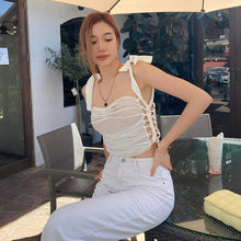 Load image into Gallery viewer, Solid Color Lace-up Sleeveless Side Cutout Umbilical Mesh Crop Top Pullover Women Sexy Slim Tank Tops

