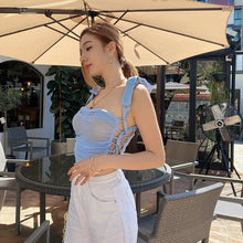 Load image into Gallery viewer, Solid Color Lace-up Sleeveless Side Cutout Umbilical Mesh Crop Top Pullover Women Sexy Slim Tank Tops
