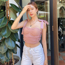 Load image into Gallery viewer, Solid Color Lace-up Sleeveless Side Cutout Umbilical Mesh Crop Top Pullover Women Sexy Slim Tank Tops
