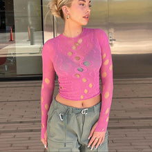 Load image into Gallery viewer, Polka Dot Ripped Tops Hollow See-through Fashion Printed Cutout Sheer Cropped Navel Long Sleeve Slim Female T-shirt
