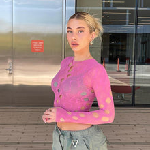 Load image into Gallery viewer, Polka Dot Ripped Tops Hollow See-through Fashion Printed Cutout Sheer Cropped Navel Long Sleeve Slim Female T-shirt
