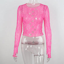 Load image into Gallery viewer, Polka Dot Ripped Tops Hollow See-through Fashion Printed Cutout Sheer Cropped Navel Long Sleeve Slim Female T-shirt

