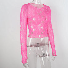 Load image into Gallery viewer, Polka Dot Ripped Tops Hollow See-through Fashion Printed Cutout Sheer Cropped Navel Long Sleeve Slim Female T-shirt
