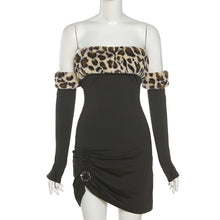Load image into Gallery viewer, Fashion Slim Fit Pleated Ruched Sexy Off Shoulder Leopard Print Dress Backless With Sleeves Women's Clothing
