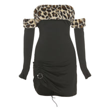 Load image into Gallery viewer, Fashion Slim Fit Pleated Ruched Sexy Off Shoulder Leopard Print Dress Backless With Sleeves Women's Clothing
