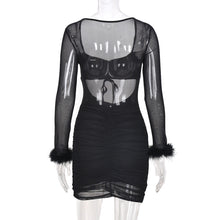Load image into Gallery viewer, Cutout Tie-up Long Sleeve Mesh See-through Female Dress Square Neck Waist Hollow Open Back Slim Fit Sheer Solid Color Dress
