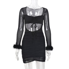 Load image into Gallery viewer, Cutout Tie-up Long Sleeve Mesh See-through Female Dress Square Neck Waist Hollow Open Back Slim Fit Sheer Solid Color Dress
