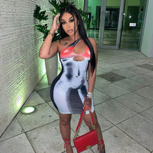 Load image into Gallery viewer, 3D Human Body Print Sexy Chest Cutout Sleeveless Tight Waist Hip Dress Fashion Sloping Shoulder Hollow Dress
