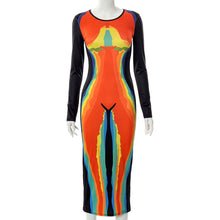 Load image into Gallery viewer, Heat Sensing Print Design Contrast Color Slim Fit Long Sleeve Dress Round Neck Tight Waist Long Dress
