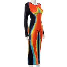 Load image into Gallery viewer, Heat Sensing Print Design Contrast Color Slim Fit Long Sleeve Dress Round Neck Tight Waist Long Dress
