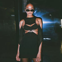 Load image into Gallery viewer, Round Neck Off-shoulder Sling Mesh Long Sleeve Panel Sexy Waist Cutout Dress Slim Fit Strappy Short Dress
