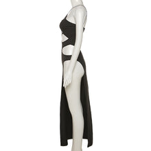 Load image into Gallery viewer, French Suspender Halterneck Off-shoulder High Waist Slit Maxi Dress Solid Color Slim Fit Hollow Ripped Long Dress
