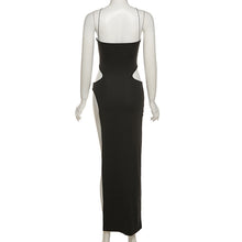 Load image into Gallery viewer, French Suspender Halterneck Off-shoulder High Waist Slit Maxi Dress Solid Color Slim Fit Hollow Ripped Long Dress
