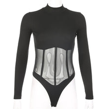 Load image into Gallery viewer, High Round Neck Skinny Sexy Black Slim Fit Long Sleeve Mesh See-through One Piece Bodysuit T-shirt
