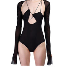 Load image into Gallery viewer, Abstinence Sexy Suspender Bodysuit Long Sleeve Lowcut Hollow One-piece Top Mesh T-shirt
