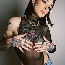 Load image into Gallery viewer, Turtleneck Sexy See-through Onesies Bodysuit Single-sleeve Mesh Hollow Perspective Shirt Jumpsuit
