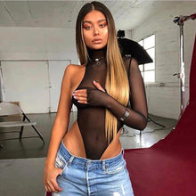 Load image into Gallery viewer, Turtleneck Sexy See-through Onesies Bodysuit Single-sleeve Mesh Hollow Perspective Shirt Jumpsuit
